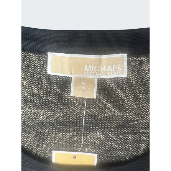 Michael Michael Kors Black Gold Palm Print Short Sleeve Knit Sweater Top Medium - Picture 7 of 12